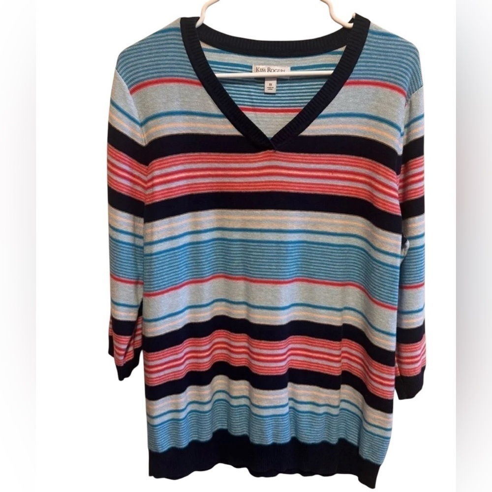 Kim Rogers Curvy Plus Size Colorful Striped V-Neck Sweater Sz 1X